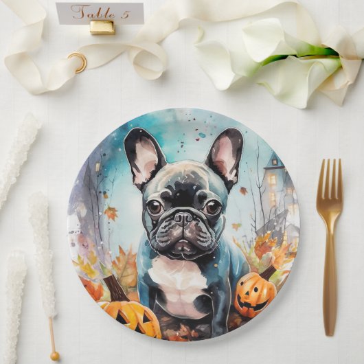 Halloween French bulldog met pompoenen eng Papieren Bordje (Huwelijk)