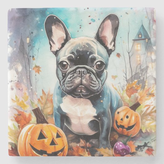 Halloween French bulldog met pompoenen eng Stenen Onderzetter (Voorkant)