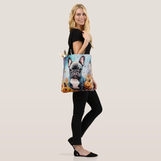 Halloween French bulldog met pompoenen eng Tote Bag (Op model)