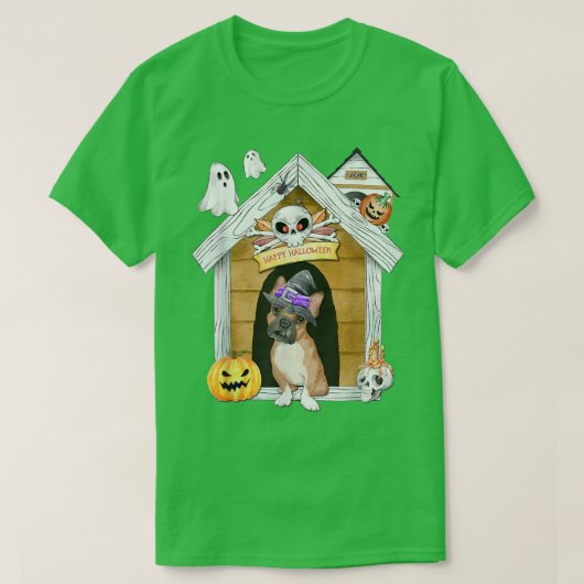 Halloween Frenchie Dog Witch Haunted House T-shirt (Design voorkant)