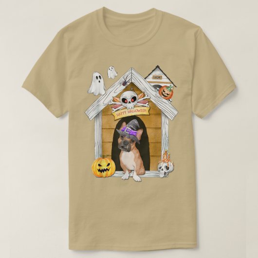 Halloween Frenchie Dog Witch Haunted House T-Shirt (Design voorkant)