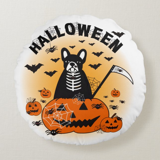Halloween Frenchie Rond Kussen (Voorkant)