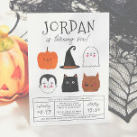 Halloween Friends Cute Modern Boy Birthday Party Kaart<br><div class="desc">Dit moderne ontwerp kenmerkt de naam van de verjaardagsjongen in grote hoofdletters in een van mijn favoriete decoratieve lettertypen, hieronder, zijn leeftijd komt voor in een schattige scripttypografie. Onderaan, midden op de kaart, zijn er 6 Halloween vrienden: een pompoen, een vampier, een pet van een heks, een zwarte kat, een...</div>