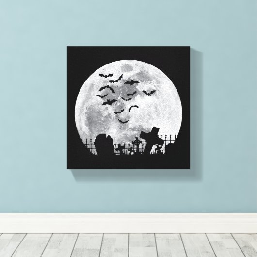 Halloween Full Moon Cemetery Graveyard Spooky Bats Canvas Afdruk (Insitu (Houten vloer))