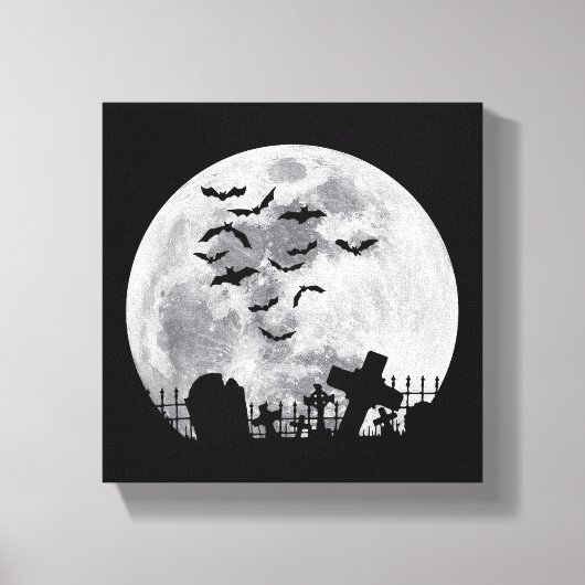 Halloween Full Moon Cemetery Graveyard Spooky Bats Canvas Afdruk (Voorkant)