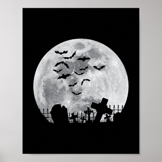 Halloween Full Moon Cemetery Graveyard Spooky Bats Poster (Voorkant)