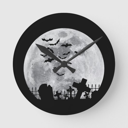 Halloween Full Moon Cemetery Graveyard Spooky Bats Ronde Klok (Voorkant)