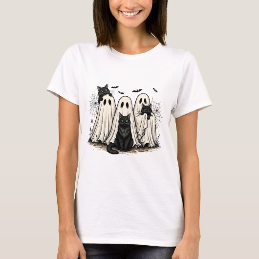 Halloween Fun T-Shirt - Geest en Zwarte Katten (Voorkant)