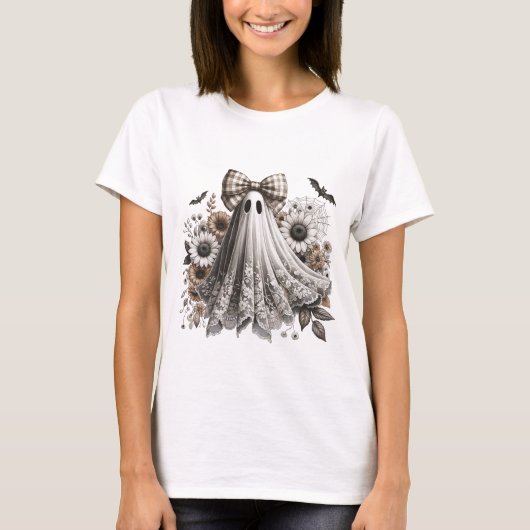 Halloween Fun T-shirt - Lace Ghost - Wht2 - Herfst (Voorkant)