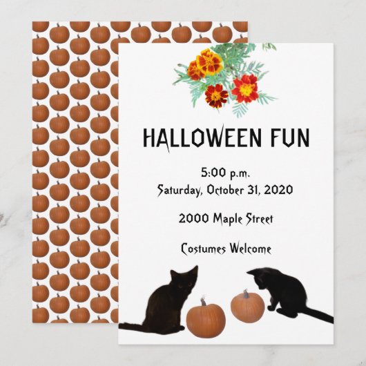 Halloween Fun Zwarte Kittens Pompoenen Marigolds Kaart (Voorkant / Achterkant)