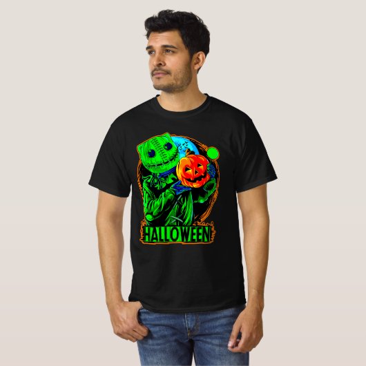 Halloween Funny Green Scary Sack Man Pumpkin Manne T-shirt (Voorkant volledig)