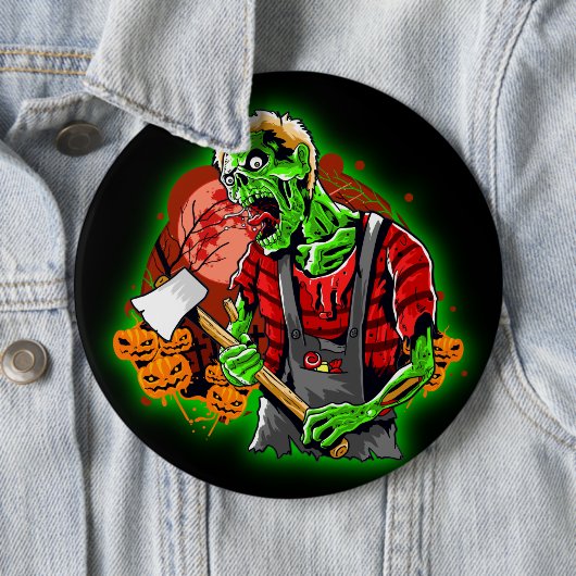 Halloween Funny Green Zombie Ax over Button (In situ)