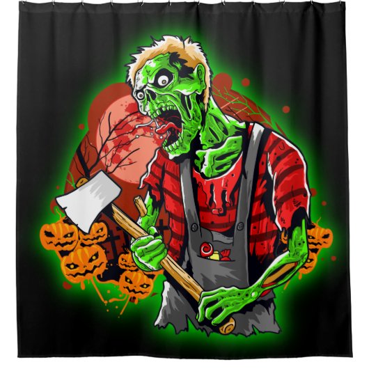 Halloween Funny Green Zombie Ax over Douchegordijn (Voorkant)
