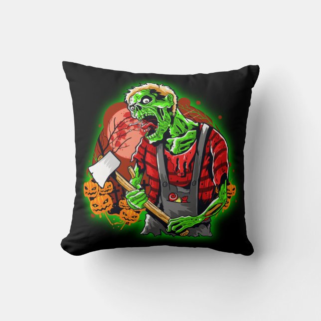 Halloween Funny Green Zombie Ax over Kussen (Voorkant)