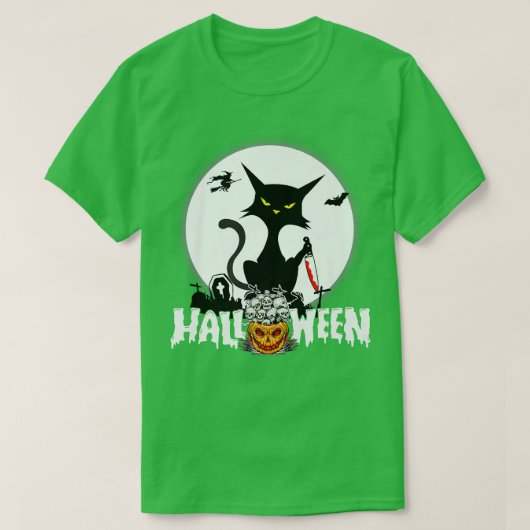 Halloween Funny Scary Cat Pumpkin Moon Night T-shirt (Design voorkant)