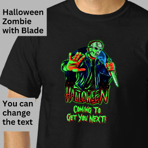 Halloween Funny Scary Zombie Mask Knife op Mannen T-shirt