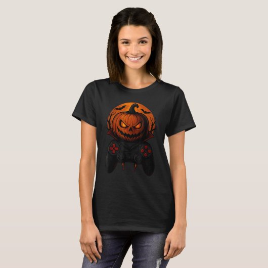 Halloween Gaming Controller Soky Pumpkin Gamer Boy T-shirt (Voorkant volledig)