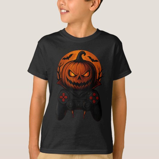 Halloween Gaming Controller Soky Pumpkin Gamer Boy T-shirt (Voorkant)