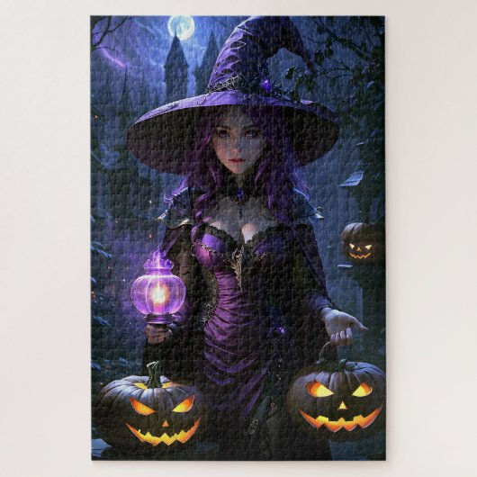 Halloween geanimeerde heks en Jack-O-Lanterns Legpuzzel (Verticaal)
