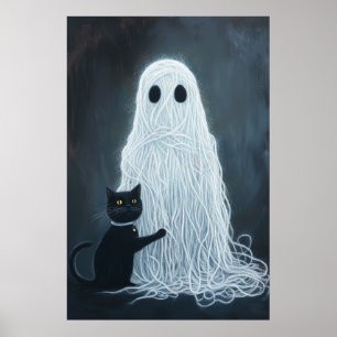 Halloween geest bedekt met garen en zwarte kat poster