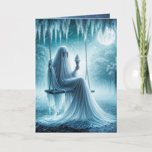 Halloween geest eten van een ijsje kegel kaart (Voorkant)