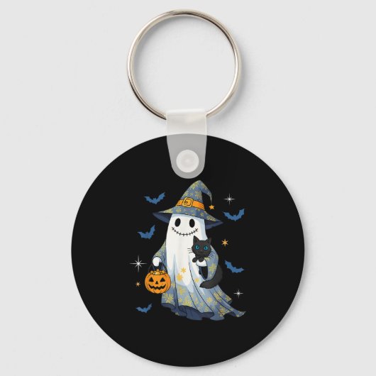 Halloween Geest Heks met Zwarte Kat Grappige Hall Sleutelhanger (Voorkant)