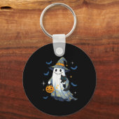 Halloween Geest Heks met Zwarte Kat Grappige Hall Sleutelhanger (Voorkant)