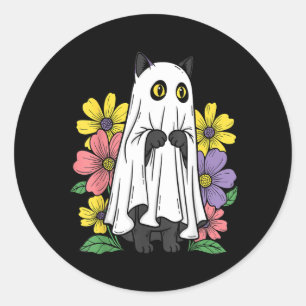 Halloween Geest Kat Cute Zwarte Kat Bloemen Ronde Sticker