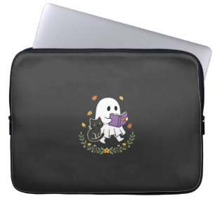 Halloween Geest Kat Leest Boek Bloem Ontwerp_1 Laptop Sleeve