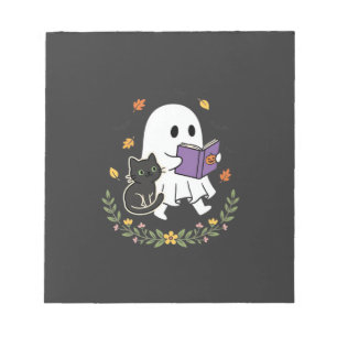 Halloween Geest Kat Leest Boek Bloem Ontwerp_1 Notitieblok