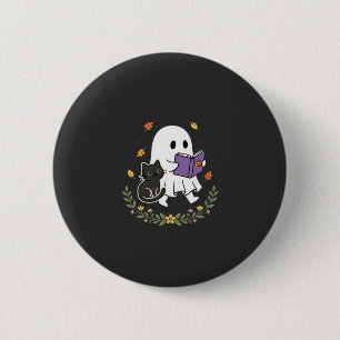 Halloween Geest Kat Leest Boek Bloem Ontwerp_1 Ronde Button 5,7 Cm