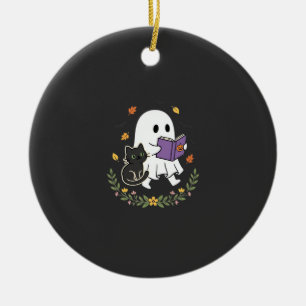 Halloween Geest Kat Leest Boek Bloemendesign_1 Keramisch Ornament
