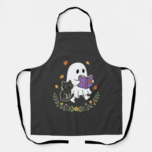 Halloween Geest Kat Leest Boek Bloemendesign_1 Schort (Voorkant)