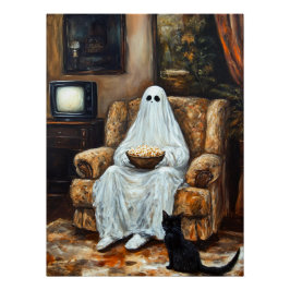 Halloween Geest Kijkt TV met Popcorn Perfect Poster