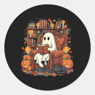 Halloween Geest Leest Boeken Pompoen Zwarte Kat Ronde Sticker