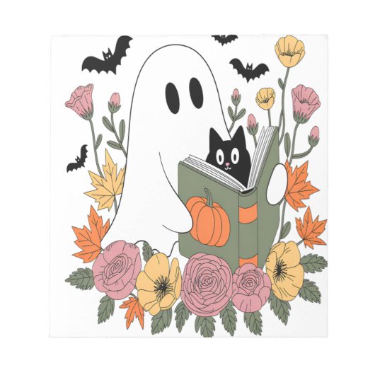 Halloween Geest Lezen Boek Kat Notitieblok (Voorkant)