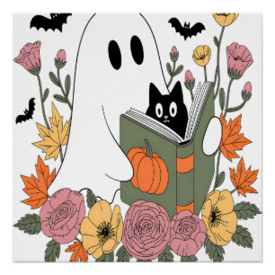 Halloween Geest Lezen Boek Kat Perfect Poster
