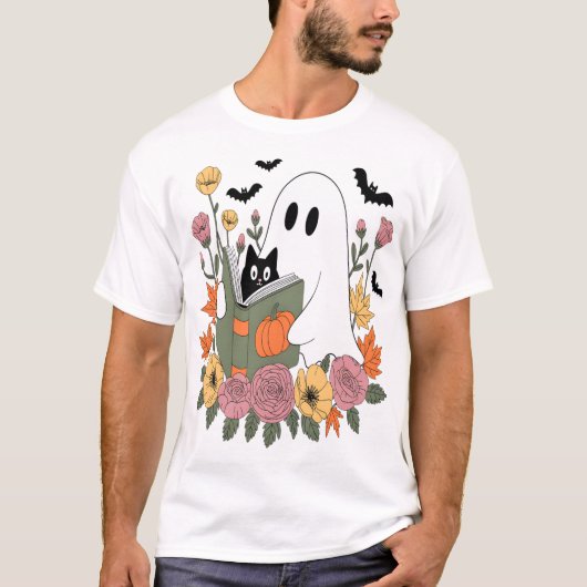 Halloween Geest Lezen Boek Kat T-shirt (Voorkant)