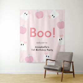 Halloween Geest Meisje Pompoen Roze Verjaardag Wel Wandkleed