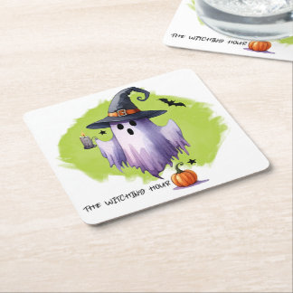 HALLOWEEN Geest Met Een Heksenhoed En Een Pompoen Kartonnen Onderzetters