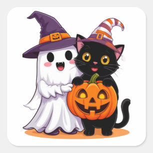 Halloween Geest Met Pompoen Kat 👻 Vierkante Sticker