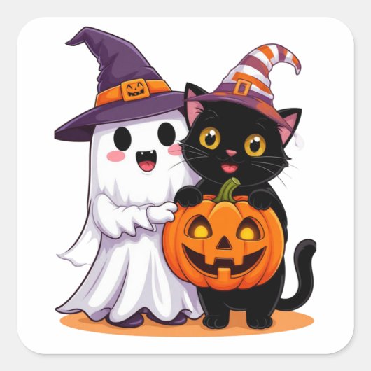 Halloween Geest Met Pompoen Kat 👻 Vierkante Sticker (Voorkant)