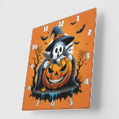 Halloween geest met pompoen onder een spookachtige vierkante klok (Hoek)