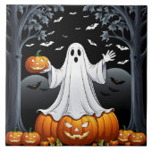 Halloween geest omgeven door pompoenen en vleermui tegeltje (Voorkant)