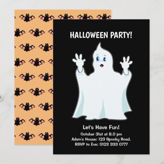 Halloween Geest op Zwarte Uitnodiging (Voorkant / Achterkant)