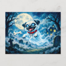 Halloween Geest Pug Boven Maanverlichte Kerkhof