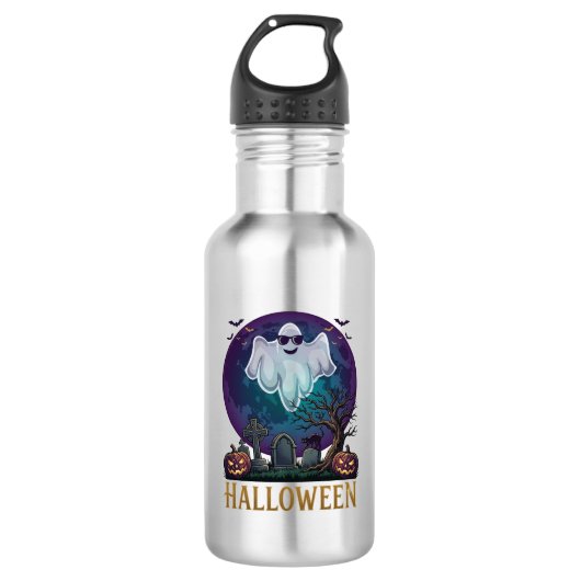 Halloween Geest Zonnebril Paarse Maan Kerkhof_1 Waterfles (Voorkant)