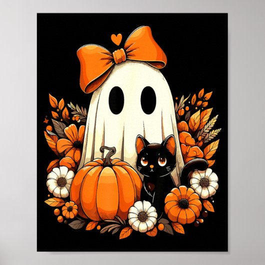 Halloween Geest Zwarte Kat Bloemig Groovy Poster (Voorkant)