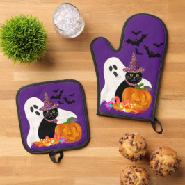 Halloween Geest Zwarte Kat Paars  Ovenwant & Pannenlap Set