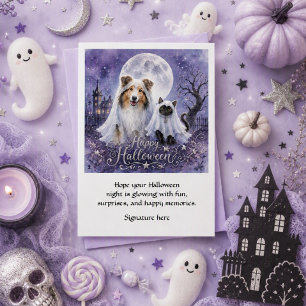 Halloween Geesten Collie & Kat Griezelfelicitatie Kaart